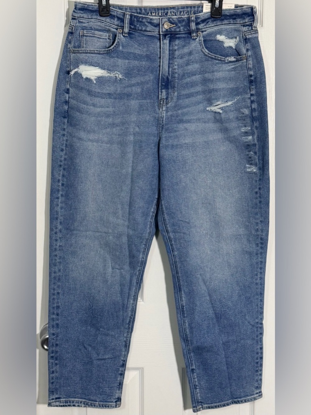 American Eagle Stretch Mom Jeans Size 16 33” High Rise Straight Distressed NWT